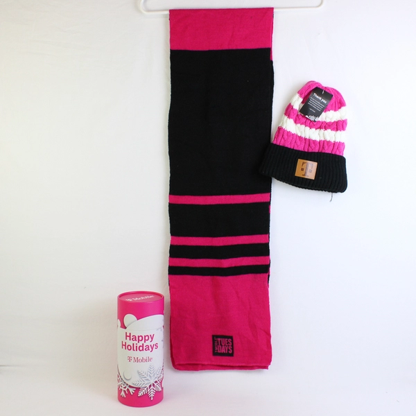 T-Mobile Tuesdays Magenta and Black Knit Winter Scarf and Beanie Set