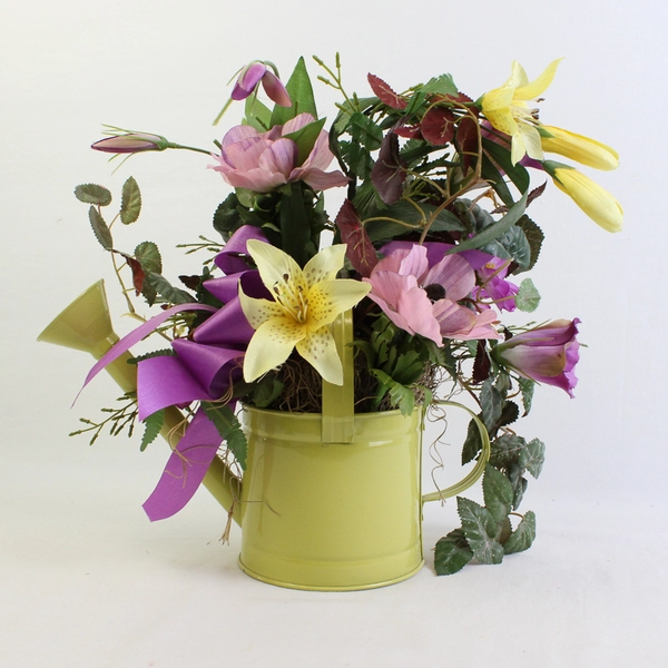 Artificial Springtime Flower Arrangement in Watering Can Seasonal Decor 14"