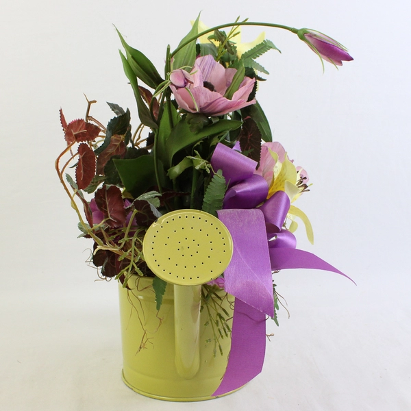 Artificial Springtime Flower Arrangement in Watering Can Seasonal Decor 14"