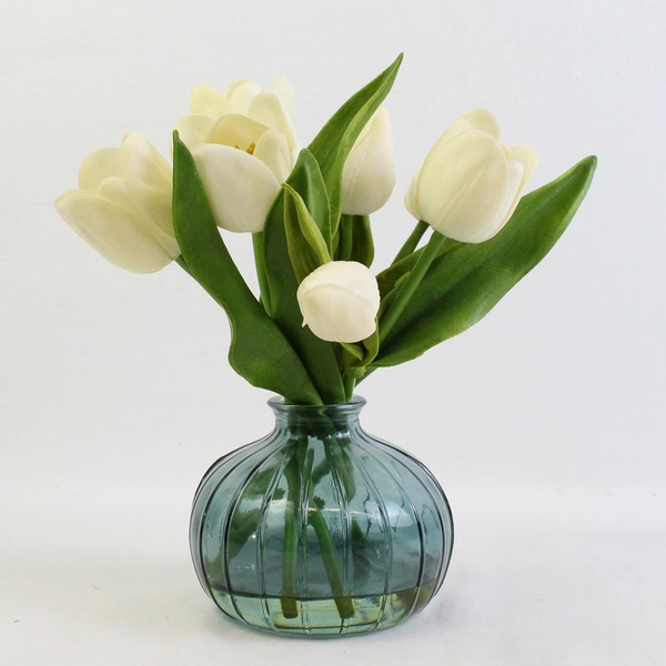 Springtime Artificial White Tulip Floral Arrangement In Glass Vase 9"