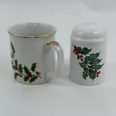 Lot Of 2 Hallmark Holly Berries Mug & Salt Shaker Without Stopper Gold Trim