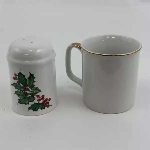 Lot Of 2 Hallmark Holly Berries Mug & Salt Shaker Without Stopper Gold Trim