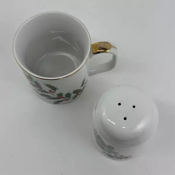 Lot Of 2 Hallmark Holly Berries Mug & Salt Shaker Without Stopper Gold Trim
