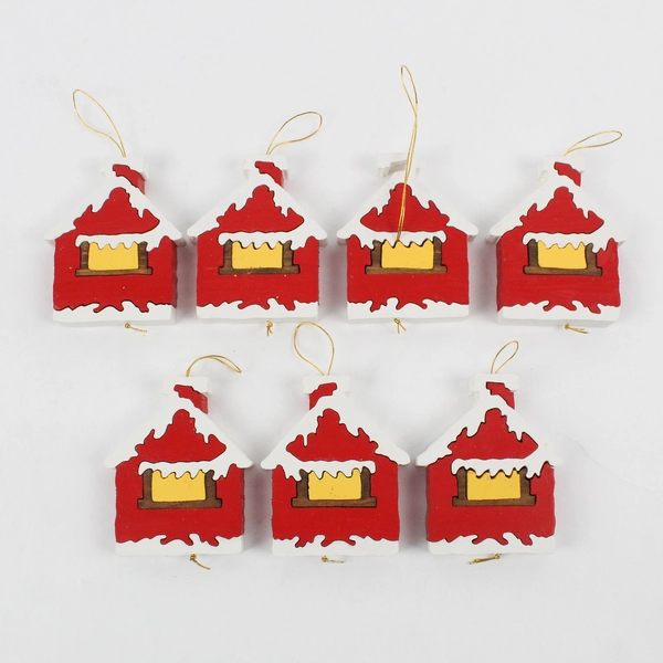 Set of 7 Wood House Puzzle Christmas Ornaments
