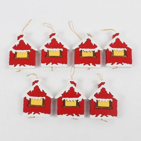 Set of 7 Wood House Puzzle Christmas Ornaments