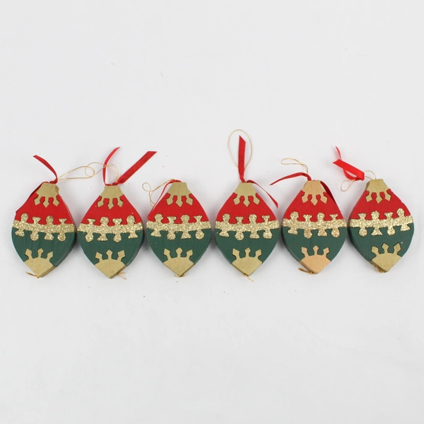 Set of 6 Wood Red Green and Gold Puzzle Christmas Ornaments