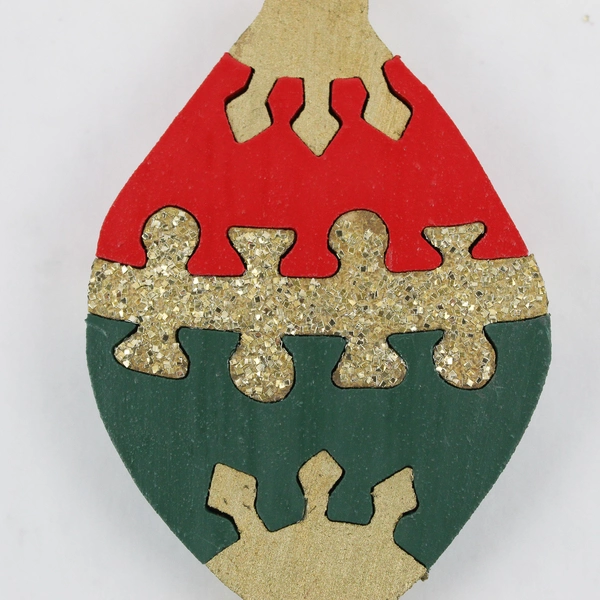Set of 6 Wood Red Green and Gold Puzzle Christmas Ornaments