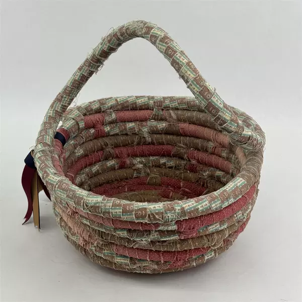 Vintage Handmade Coiled Fabric Basket 12.75" Diameter