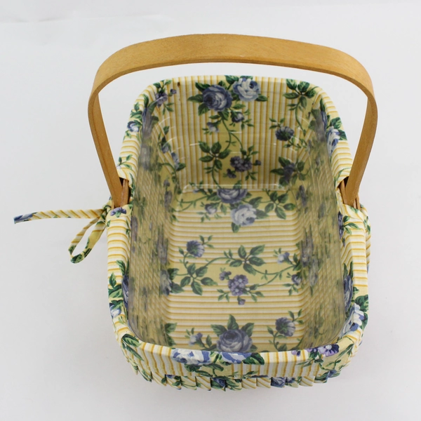 Longaberger Handwoven Basket With Blue Rose Fabric Liner And Plastic Protector