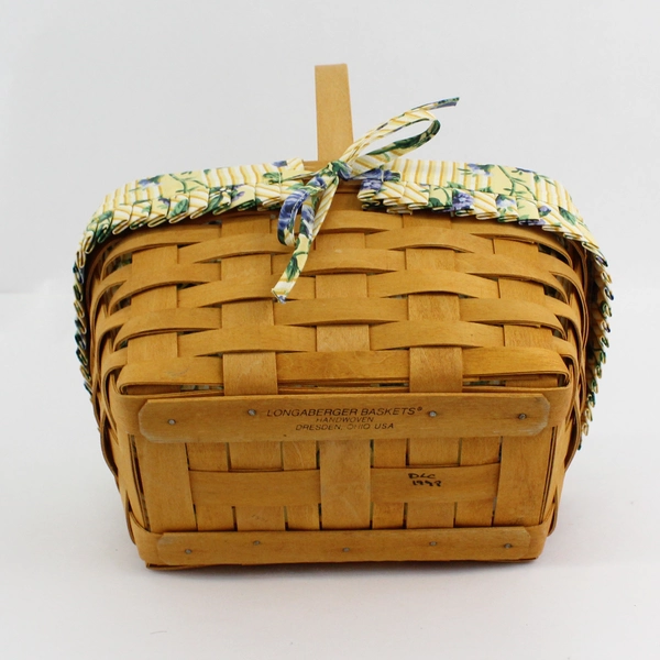 Longaberger Handwoven Basket With Blue Rose Fabric Liner And Plastic Protector