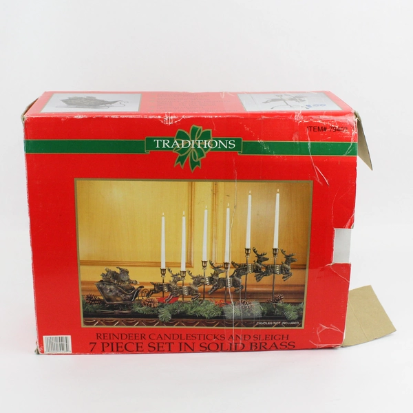 Vtg 1993 Solid Brass 7 Piece Reindeer Candle & Sleigh Santa Christmas Display