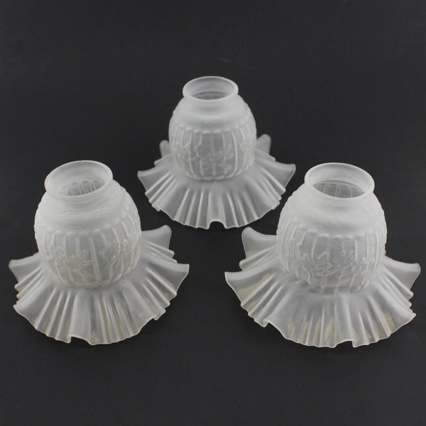 Set of 3 Vintage Frosted Glass Lamp Shades Ruffled-Fluted Floral 6.25x9