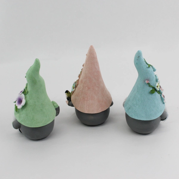 Lot of 3 Decorative Resin Gnomes With Floral Hats 7.5"