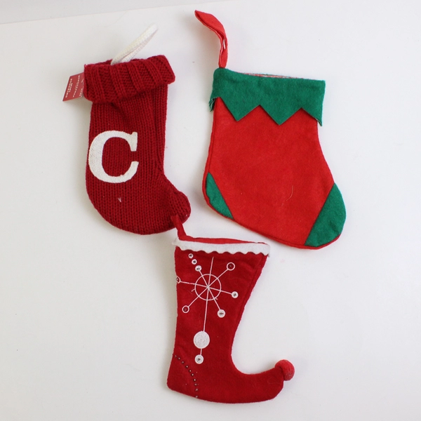 Lot of 3 Red & White Small Christmas Stockings, 2 Vintage Felt, 1 Yarn With "C"