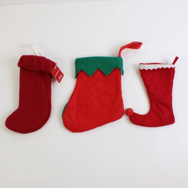 Lot of 3 Red & White Small Christmas Stockings, 2 Vintage Felt, 1 Yarn With "C"