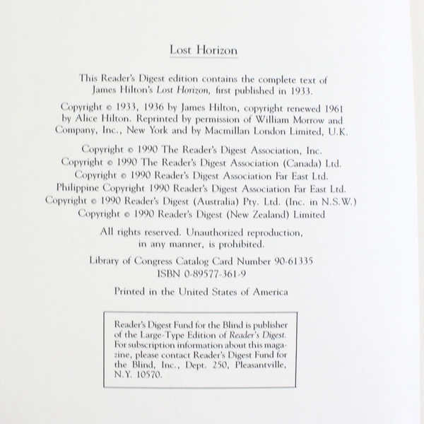 Lost Horizon by James Hilton 1990 Hardcover Reader's Digest Edition Very Good