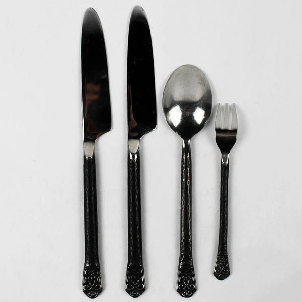 Lot of 4 Gourmet Settings Avalon Barcelona Pattern 18/10 SS Black Hammered