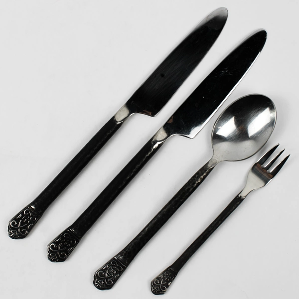 Lot of 4 Gourmet Settings Avalon Barcelona Pattern 18/10 SS Black Hammered