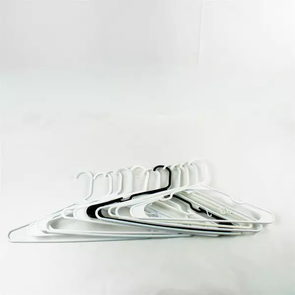 Lot of 11 White Black Plastic Clothes Hangers Used, Durable, Closet