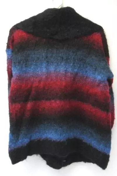 Vintage Women's Large Coat Blue Black Red Fuzzy Knit Crochet Buttons Collar