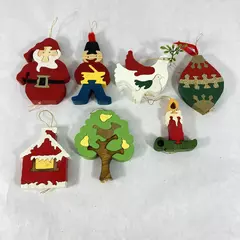 Set of 7 Assorted Handmade Wood Puzzle Christmas Ornaments Santa Tree Soldier