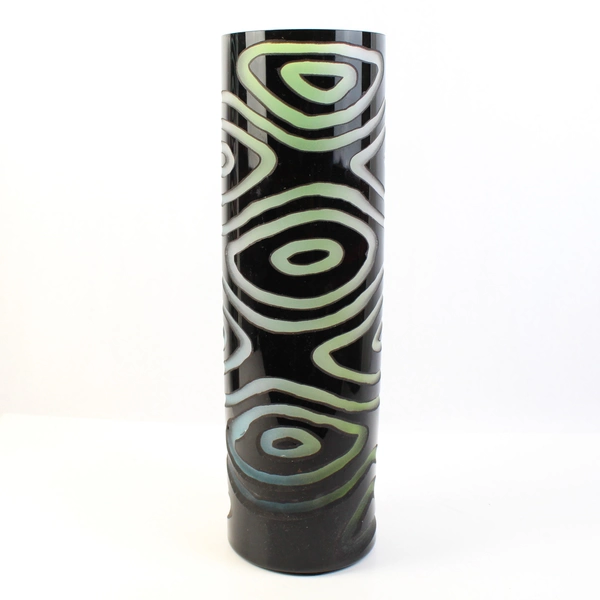 Large Black Glass Vase With Gray Swirls 16"
