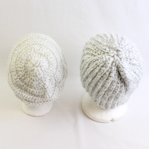 Lot of 2 Handmade Adult White Gray Crochet Beanies Warm Winter Hats