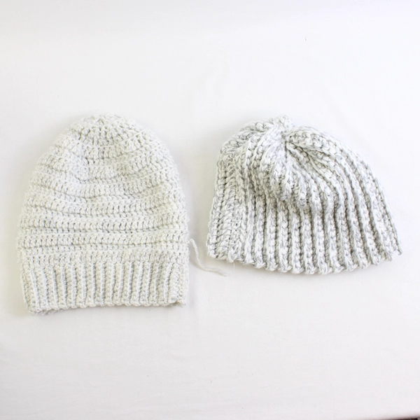 Lot of 2 Handmade Adult White Gray Crochet Beanies Warm Winter Hats