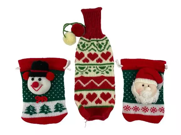 Lot of 3 Holiday Knit Wine Gift Bags Santa Snowman Geometric Design Xmas