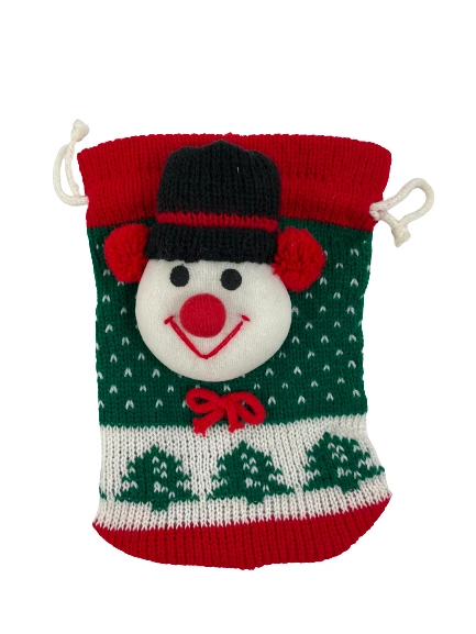 Lot of 3 Holiday Knit Wine Gift Bags Santa Snowman Geometric Design Xmas