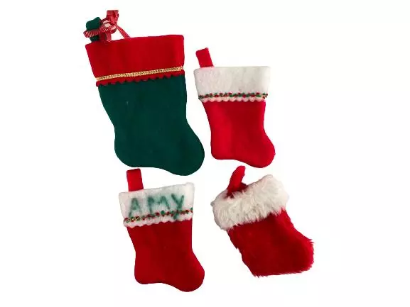Lot of 7 Vintage Mini Christmas Stockings Red Green White Fuzzy Felt Decorations