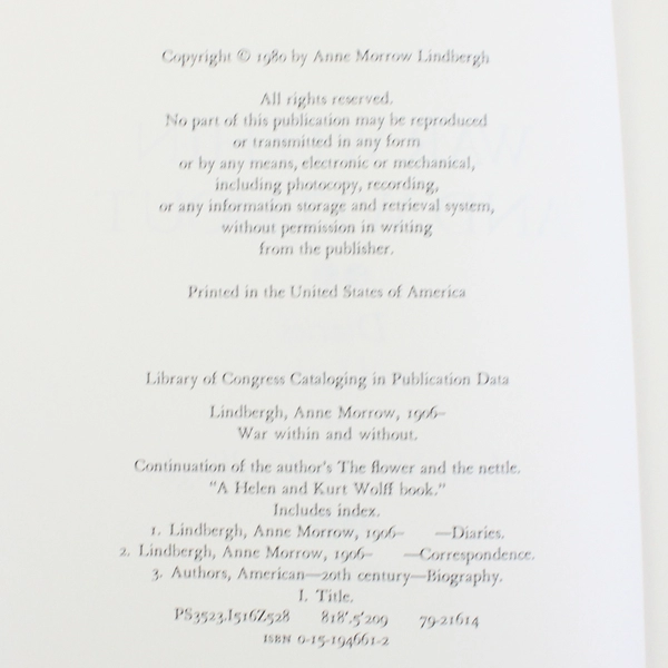 War Within & Without Diaries & Letters 1939-1944 HC Anne Morrow Lindbergh 1980 