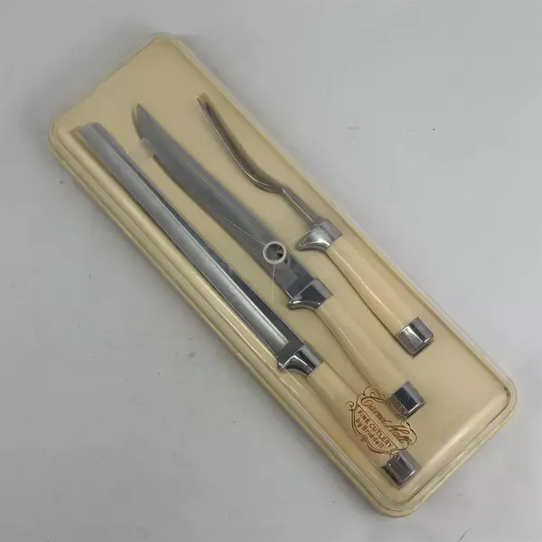 Vtg Briddell 3-Piece Carvel Hall Carving Knife Set Acrylic Handles Plastic Case