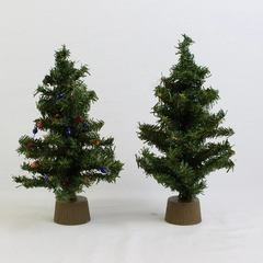 Lot of 2  Miniature Artificial Christmas Trees Plastic Base  10" Tall