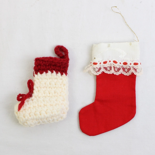 Lot of 2 Handmade Miniature Christmas Stocking Ornaments One Crocheted