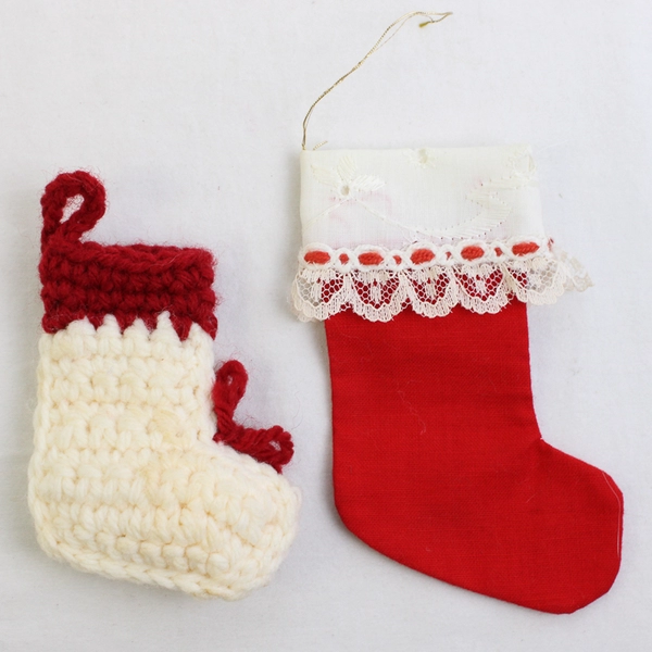 Lot of 2 Handmade Miniature Christmas Stocking Ornaments One Crocheted