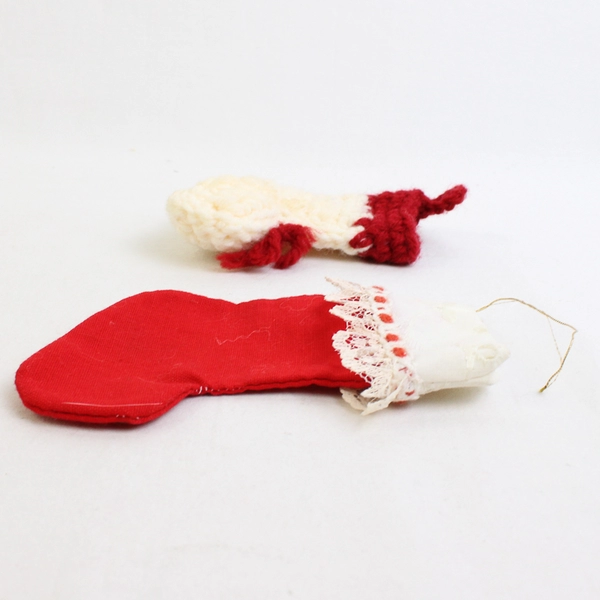 Lot of 2 Handmade Miniature Christmas Stocking Ornaments One Crocheted
