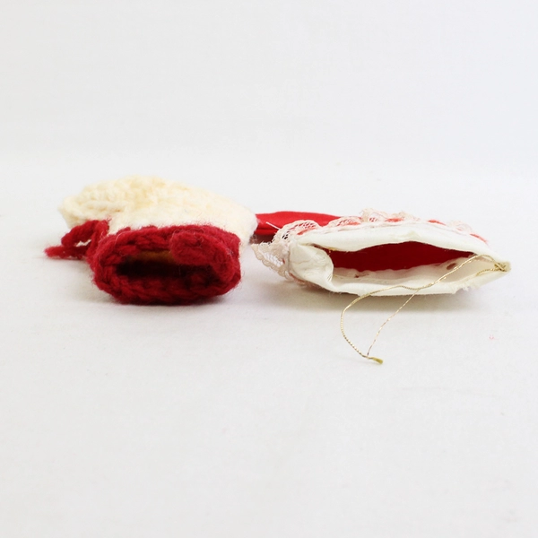 Lot of 2 Handmade Miniature Christmas Stocking Ornaments One Crocheted