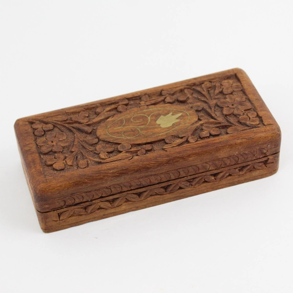 Small Hand Carved Wood Trinket Jewelry Box Floral Design India  5.25 x 2.25"