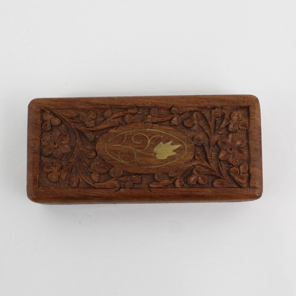 Small Hand Carved Wood Trinket Jewelry Box Floral Design India  5.25 x 2.25"