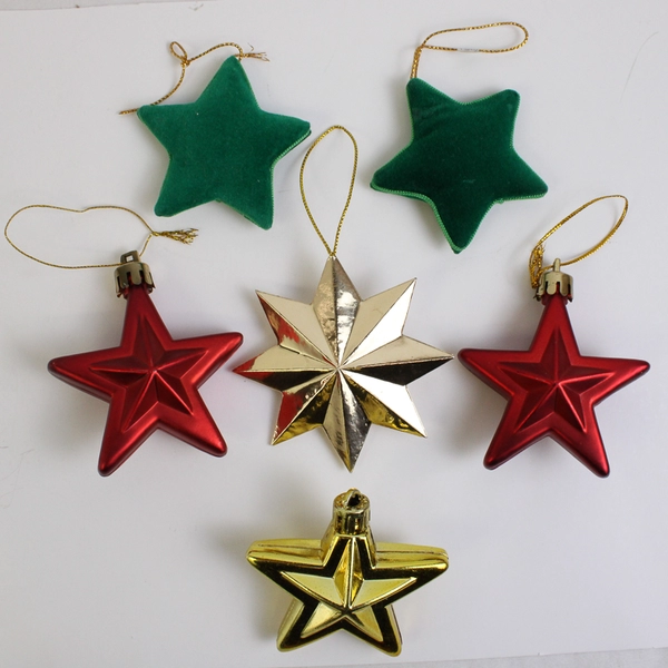 Lot of 6 Indoor/Outdoor Star-Shaped Plastic and Felt 3" Christmas Ornaments