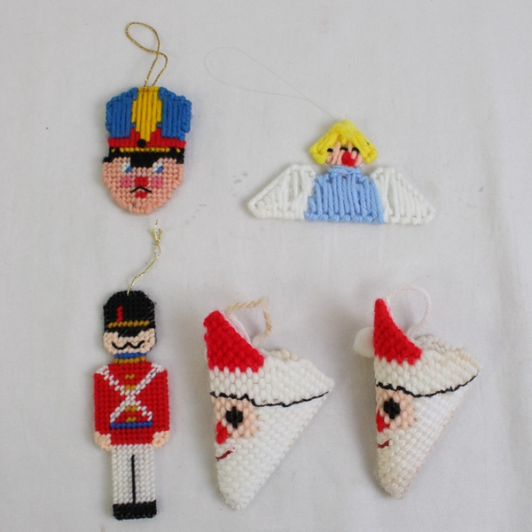 Lot of 5 Vintage Handmade Needlepoint Hanging Christmas Ornaments