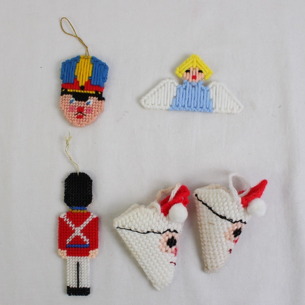Lot of 5 Vintage Handmade Needlepoint Hanging Christmas Ornaments