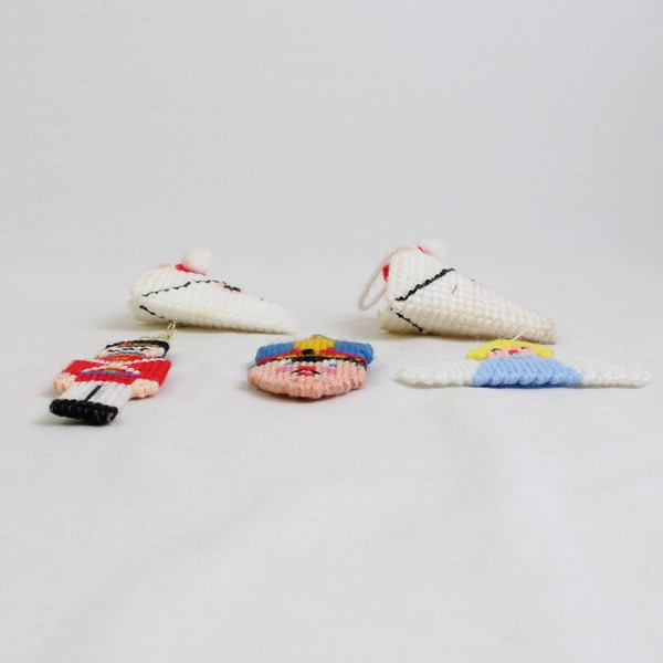 Lot of 5 Vintage Handmade Needlepoint Hanging Christmas Ornaments