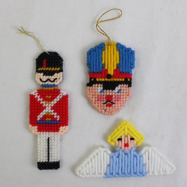 Lot of 5 Vintage Handmade Needlepoint Hanging Christmas Ornaments
