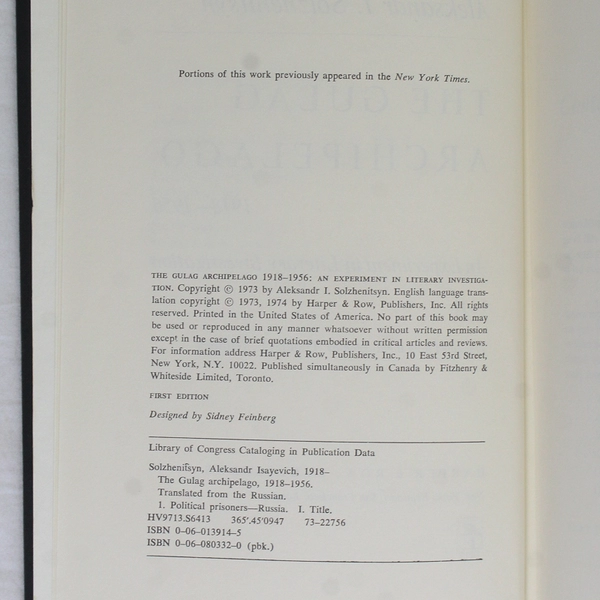 The Gulag Archipelago 1918-1956 by Aleksandr I Solzhenitsyn 1974 1st Edition HC