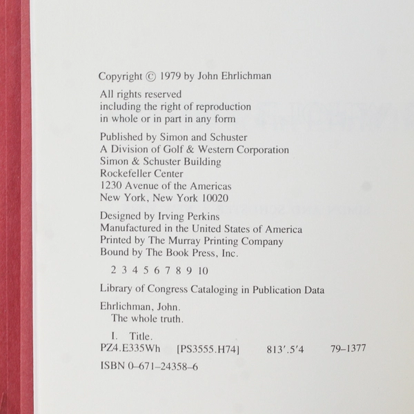 The Whole Truth  by John Ehrlichman 1979 HC No Dust Jacket Political Thriller