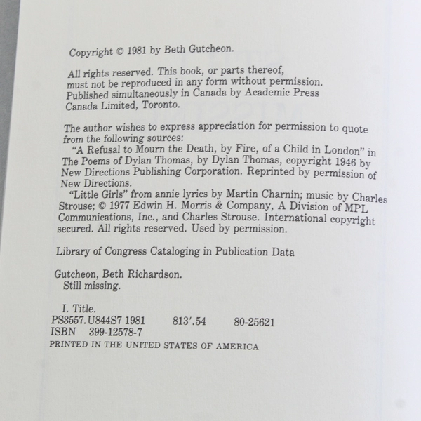 Vintage Still Missing a Novel by Beth Gutcheon 1981 HC No DJ Mystery/Thriller