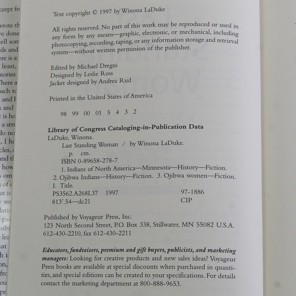 Last Standing Woman by Winona LaDuke 1997 Hardcover Novel Dust Jacket 