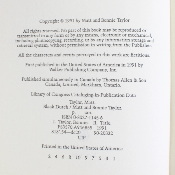 Black Dutch by Bonnie and Matt Taylor 1991 Hardcover Dust Jacket 1st Edition